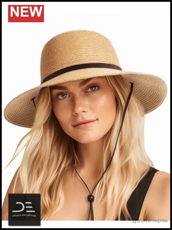 Accessories - Wide Brim Straw Sun Hat with Adjustable Chin Strap